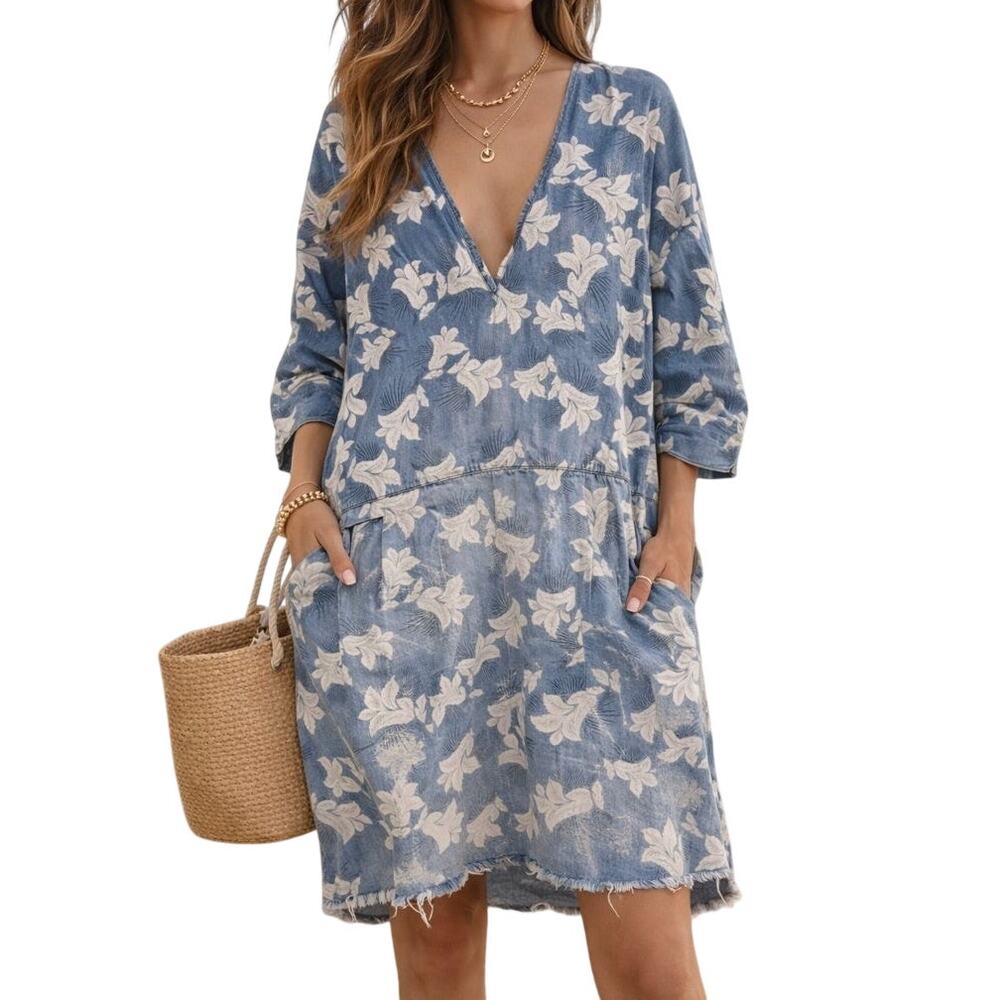ONE X ONETEASPOON  Mini Dress Relaxed Denim Oversized Floral Size XS Boho Ombre'